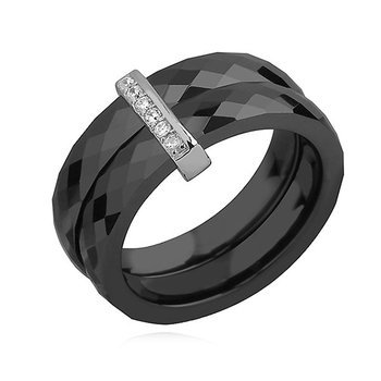 Double ceramic black ring, with silver (925) rectangular element with zirconia