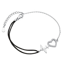 Silver (925) bracelet with black cord - heart with zirconias and pulse