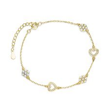 Silver (925) gold-plated bracelet, flowers and hearts with white zirconias