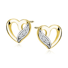 Silver (925) gold-plated earrings - hearts with white zirconias