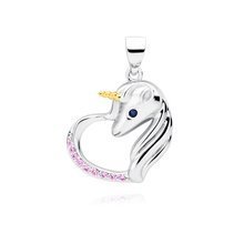 Silver (925) heart pendant - unicorn with pink zirconias and sapphire eye