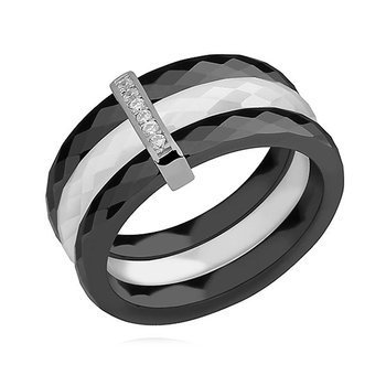 Triple ceramic black&white ring, with silver (925) rectangular element with zirconia