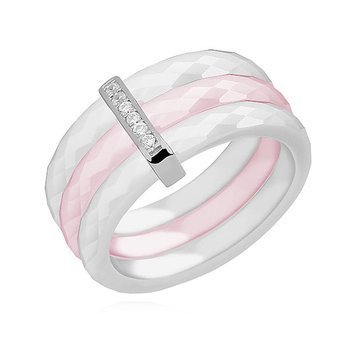 Triple ceramic white and pink ring, with silver (925) rectangular element with zirconia