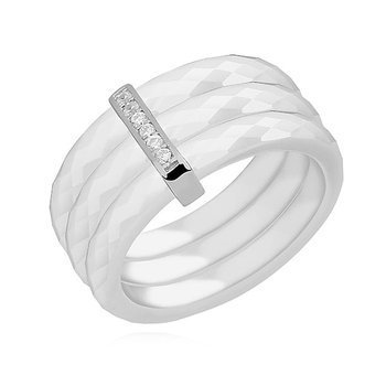 Triple ceramic white ring, with silver (925) rectangular element with zirconia