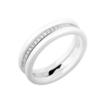 Two white ceramic rings and silver ring with zirconia