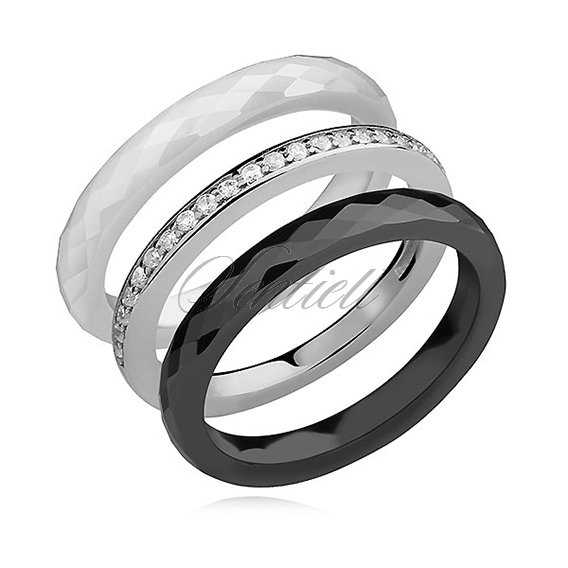 Ceramic rings black, white and silver (925) ring with white zirconia