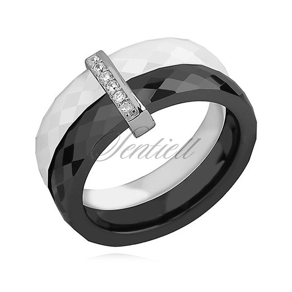 Double ceramic black&white ring, with silver (925) rectangular element with zirconia