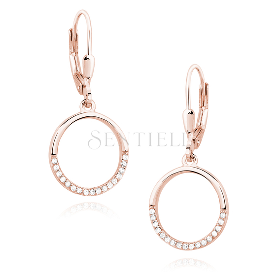 Silver (925) Earrings - cirlce with white zirconia, rose gold-plated