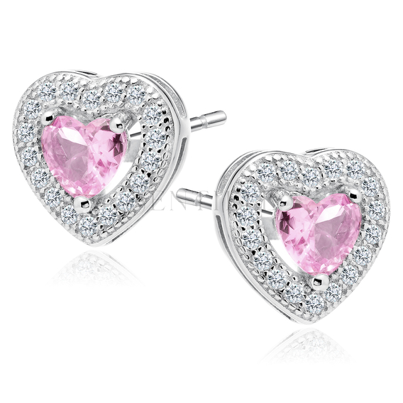 Silver (925) Earrings pink colored zirconia - hearts