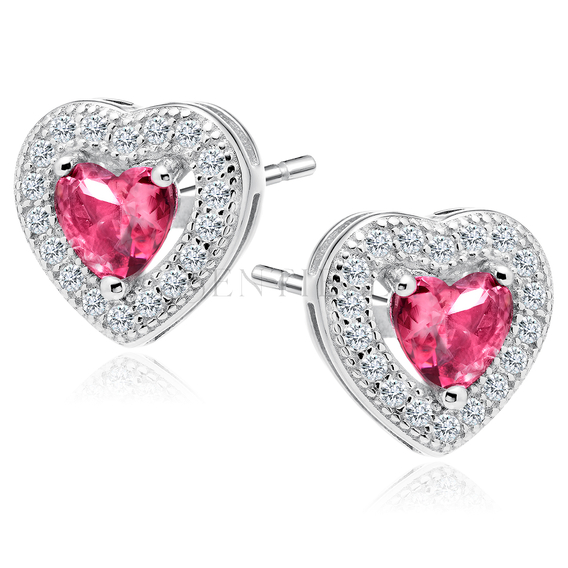 Silver (925) Earrings ruby colored zirconia - hearts