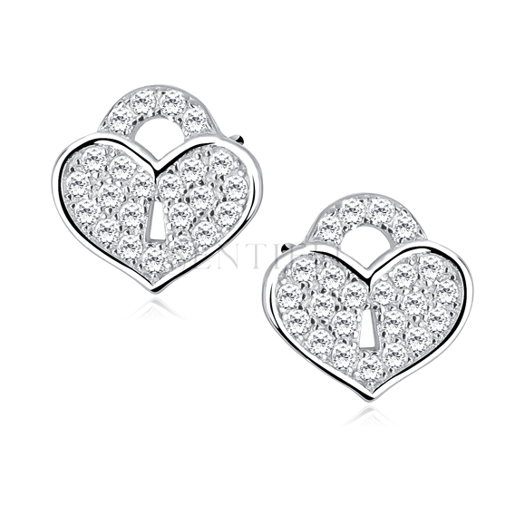 Silver (925) Earrings zirconia microsetting hearts-padlocks rhodium-plated