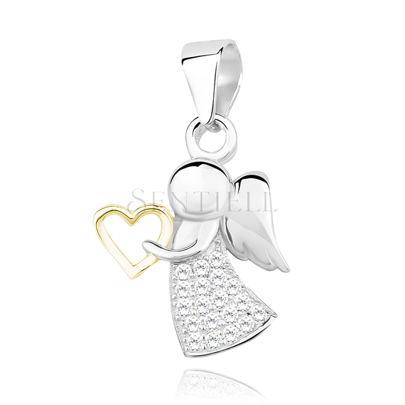 Silver (925) angel pendant with zirconia and gold-plated heart