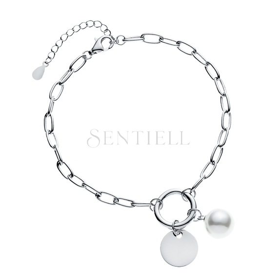 Silver (925) bracelet - circle, round plate and pearl