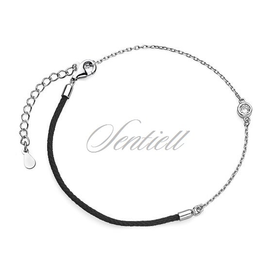 Silver (925) bracelet with black cord and zirconia