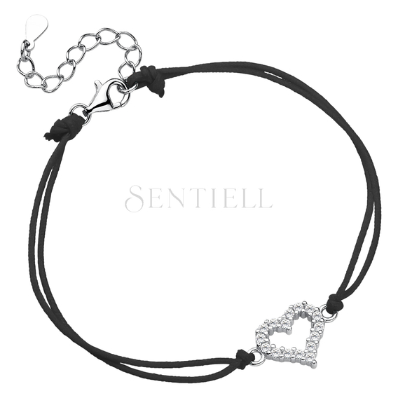 Silver (925) bracelet with black cord - heart with zirconia