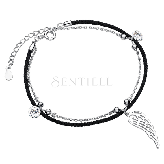 Silver (925) bracelet with black cord - wing and zirconia