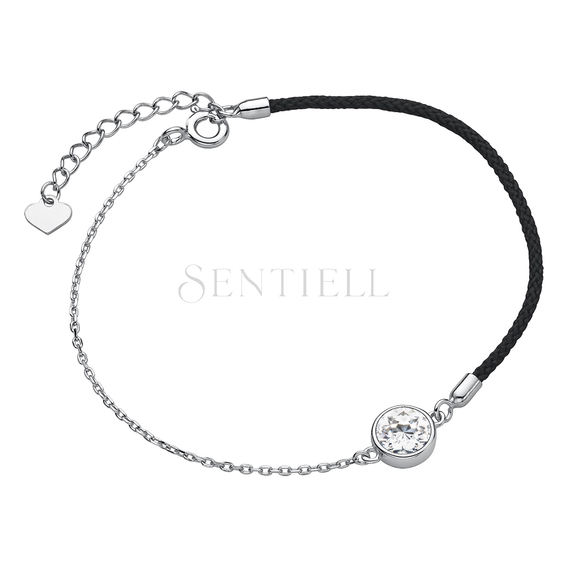 Silver (925) bracelet with black cord - zirconia