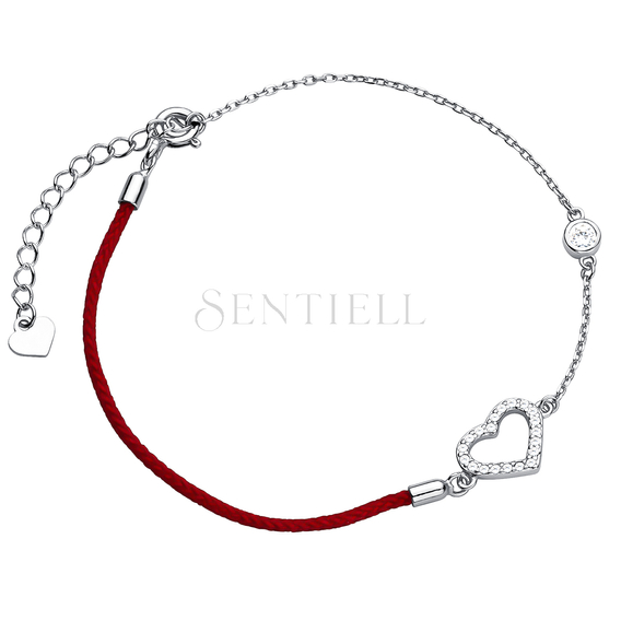 Silver (925) bracelet with red cord - heart with zirconia