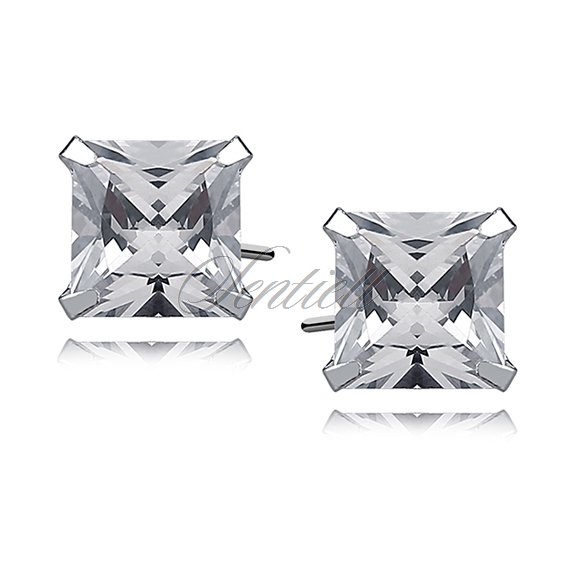 Silver (925) earrings white zirconia 8 x 8mm square