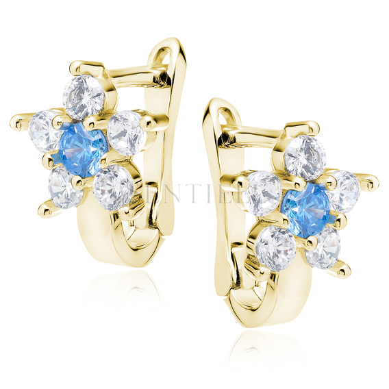Silver (925) earrings with aquamarine zirconia, gold-plated flower