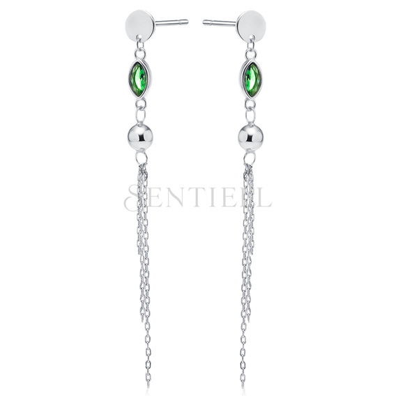 Silver (925) earrings with emerald zirconia, ball and chains