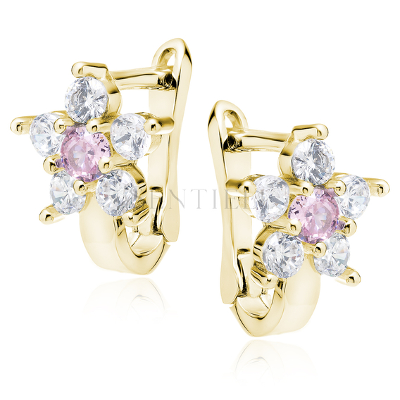 Silver (925) earrings with light pink zirconia, gold-plated flower