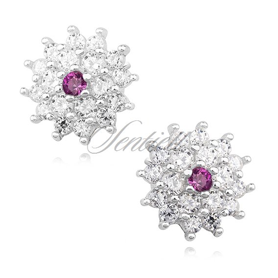 Silver (925) elegant earrings - flowers with ruby zirconia