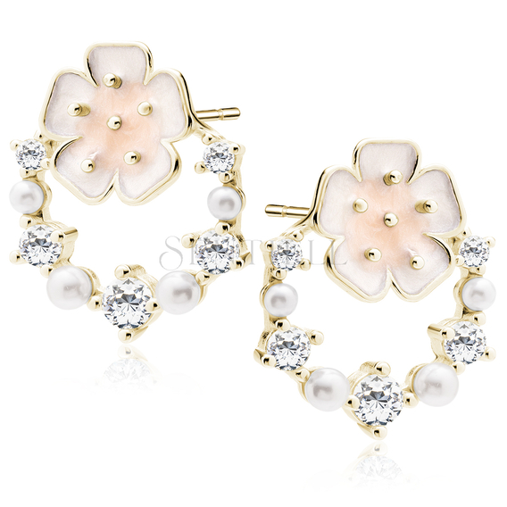 Silver (925) enameled gold-plated flower earrings with white zirconias and pearls