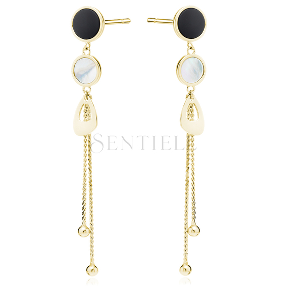 Silver (925) gold-plated earings - chains with balls, black onyx, mother of pearl