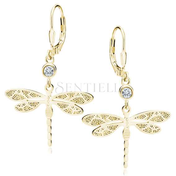 Silver (925) gold-plated earrings - dragonfly with white zirconia