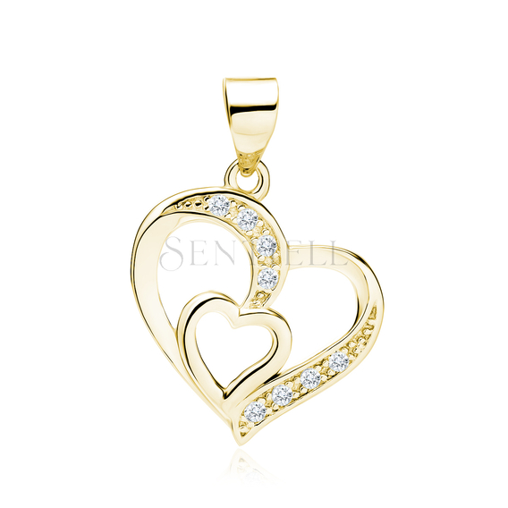 Silver (925) gold-plated pendant - gold-plated heart in heart with zirconias