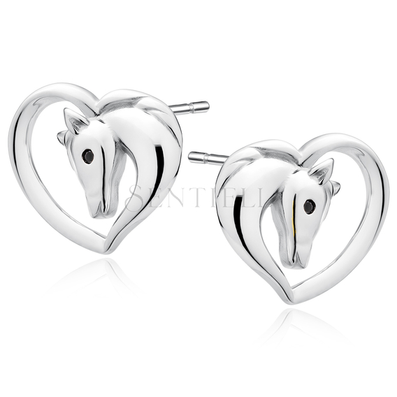 Silver (925) heart earrings - horse with black eye