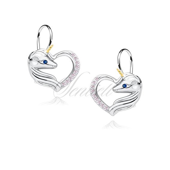 Silver (925) heart earrings - unicorn with light pink zirconias and sapphire eye