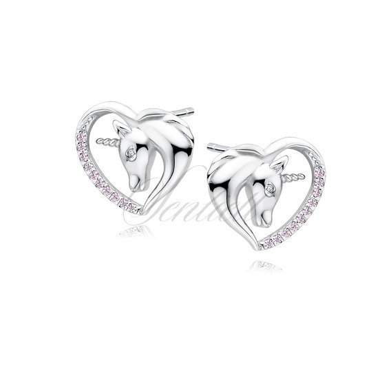 Silver (925) heart earrings - unicorn with light pink zirconias and white eye