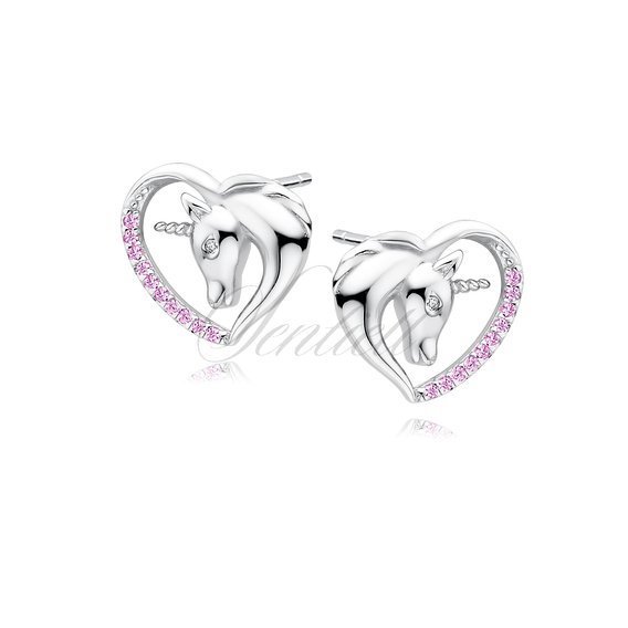 Silver (925) heart earrings - unicorn with pink zirconias and white eye