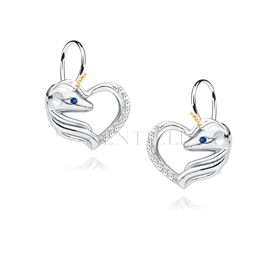 Silver (925) heart earrings - unicorn with white zirconias and sapphire eye