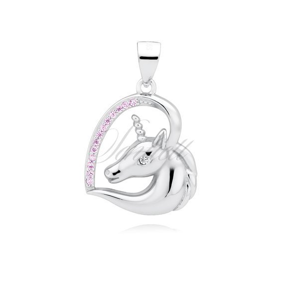 Silver (925) heart pendant - unicorn with pink zirconias and white eye