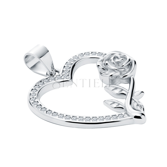 Silver (925) heart pendant with rose and white zirconias