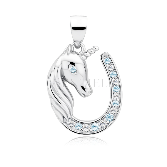Silver (925) horseshoe pendant - unicorn with white and aquamarine zirconias and aquamarine eye