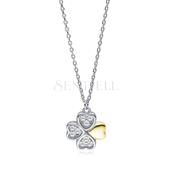 Silver (925) necklace - clover pendant with zirconias and gold-plated leaf