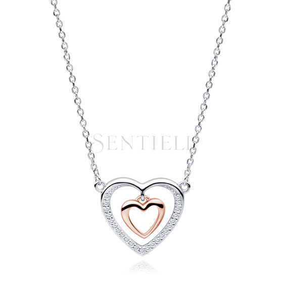 Silver (925) necklace - double heart with zirconias - rose gold-plated