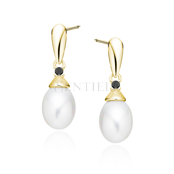 Silver (925) pearl gold-plated earrings with black zirconia