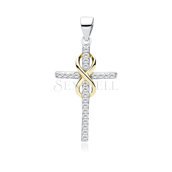 Silver (925) pendant cross with zirconia and gold-plated infinity sign