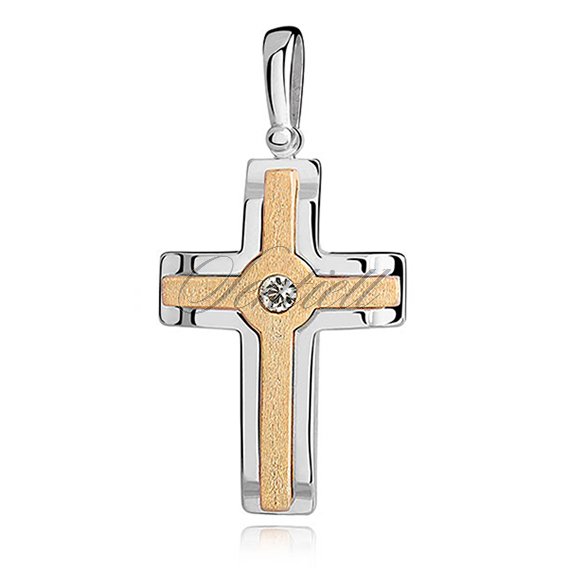 Silver (925) pendant cross with zirconia and gold-plated satin