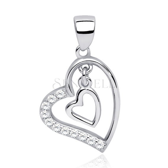 Silver (925) pendant white zirconia - heart in heart