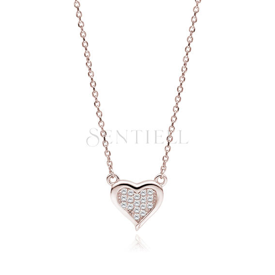 Silver (925) rose gold-plated necklace - heart with white zirconias