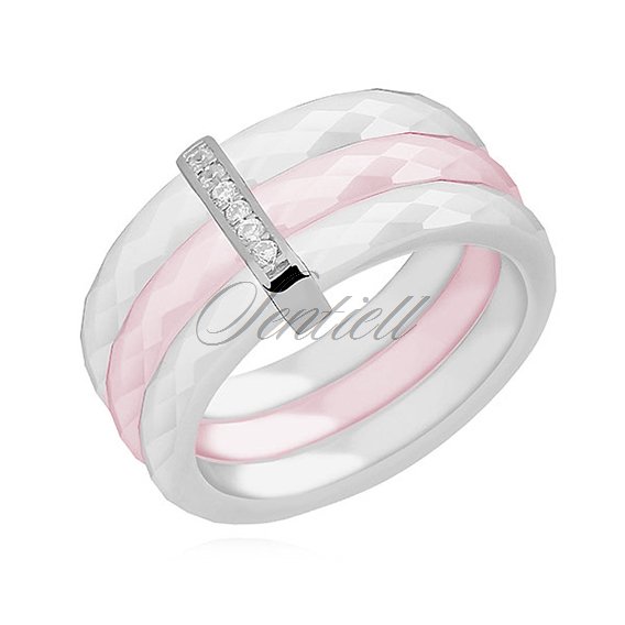 Triple ceramic white and pink ring, with silver (925) rectangular element with zirconia