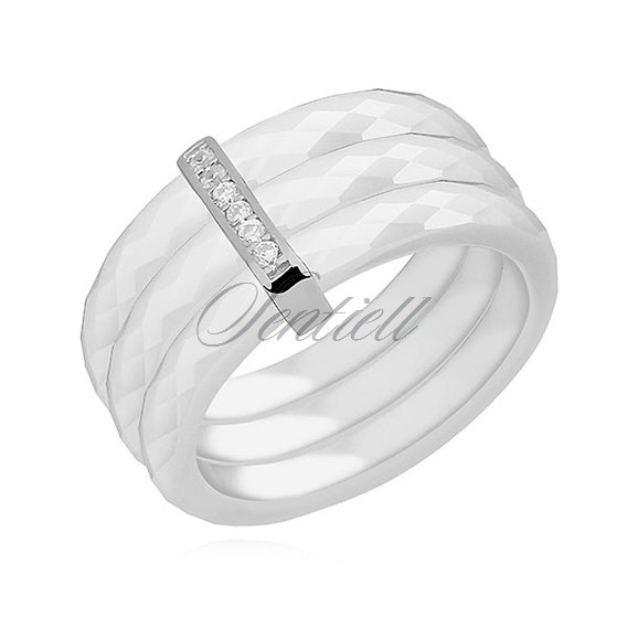 Triple ceramic white ring, with silver (925) rectangular element with zirconia