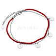 Silver (925) bracelet with red cord and circles on chain