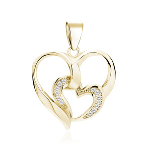 Silver (925) gold-plated pendant - heart with smaller heart with zirconias